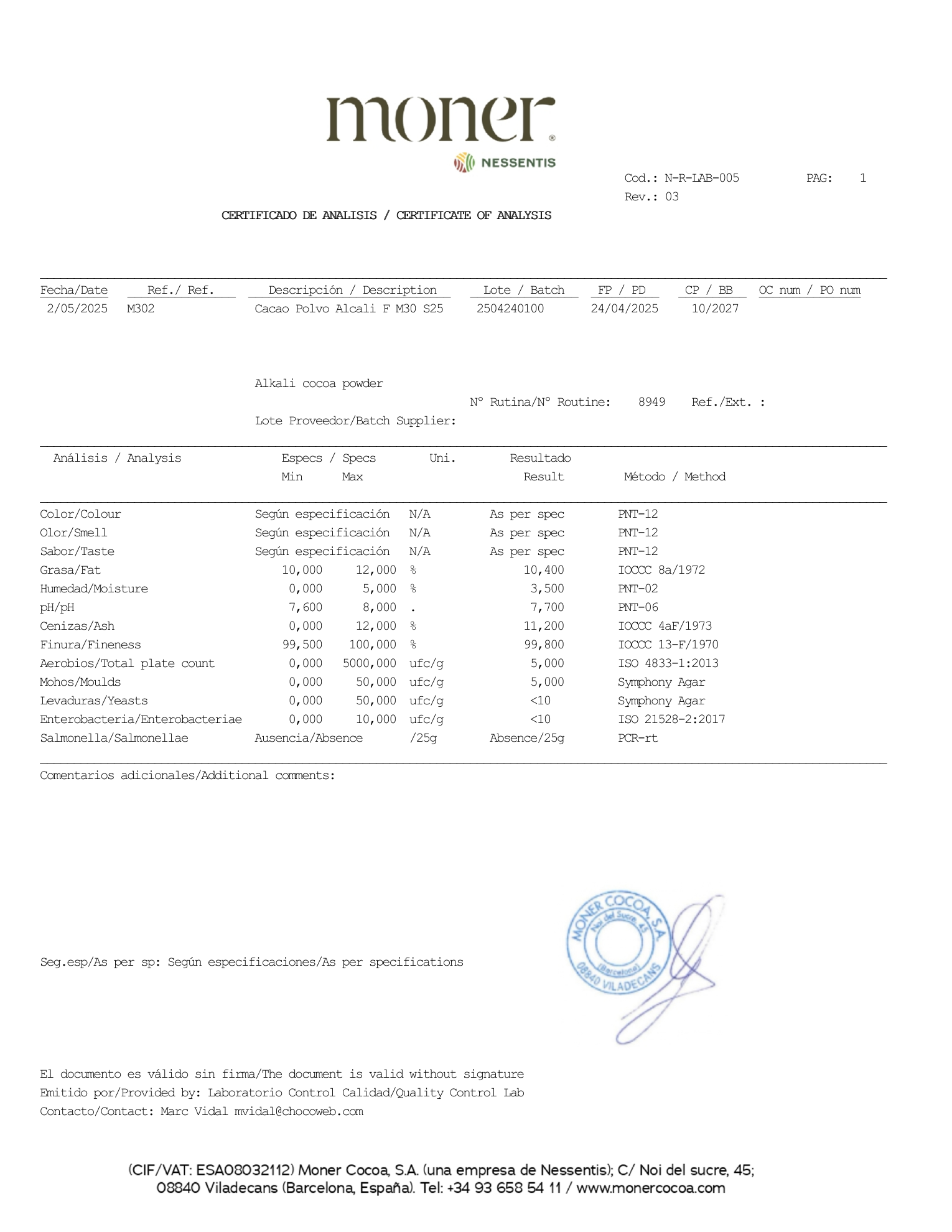 گواهی آنالیز واقعی پودر کاکائو آلکالایز پالیر برای بچ 2504240100، شامل حدود مشخصات، نتایج و روشهای آزمون